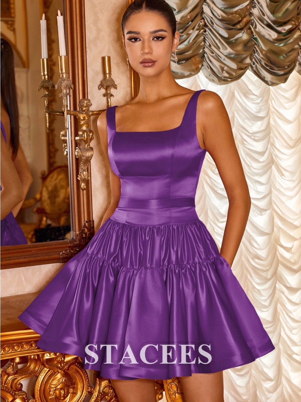 Stacees Purple Satin Square-Neck Fit & Flare Prom Dress